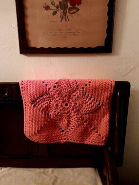 Handmade pink crocheted 14" square doily ~ Pineapple Motif